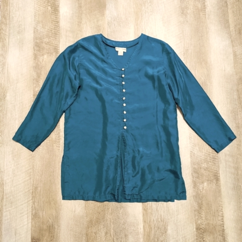 Cristina turquoise Silk Pajama Button Down Shirt Size Small